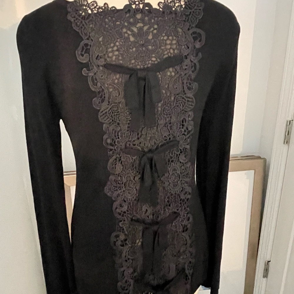White House Black Market Black Long Sleeve Knit Top with Lace Yoke -Sm